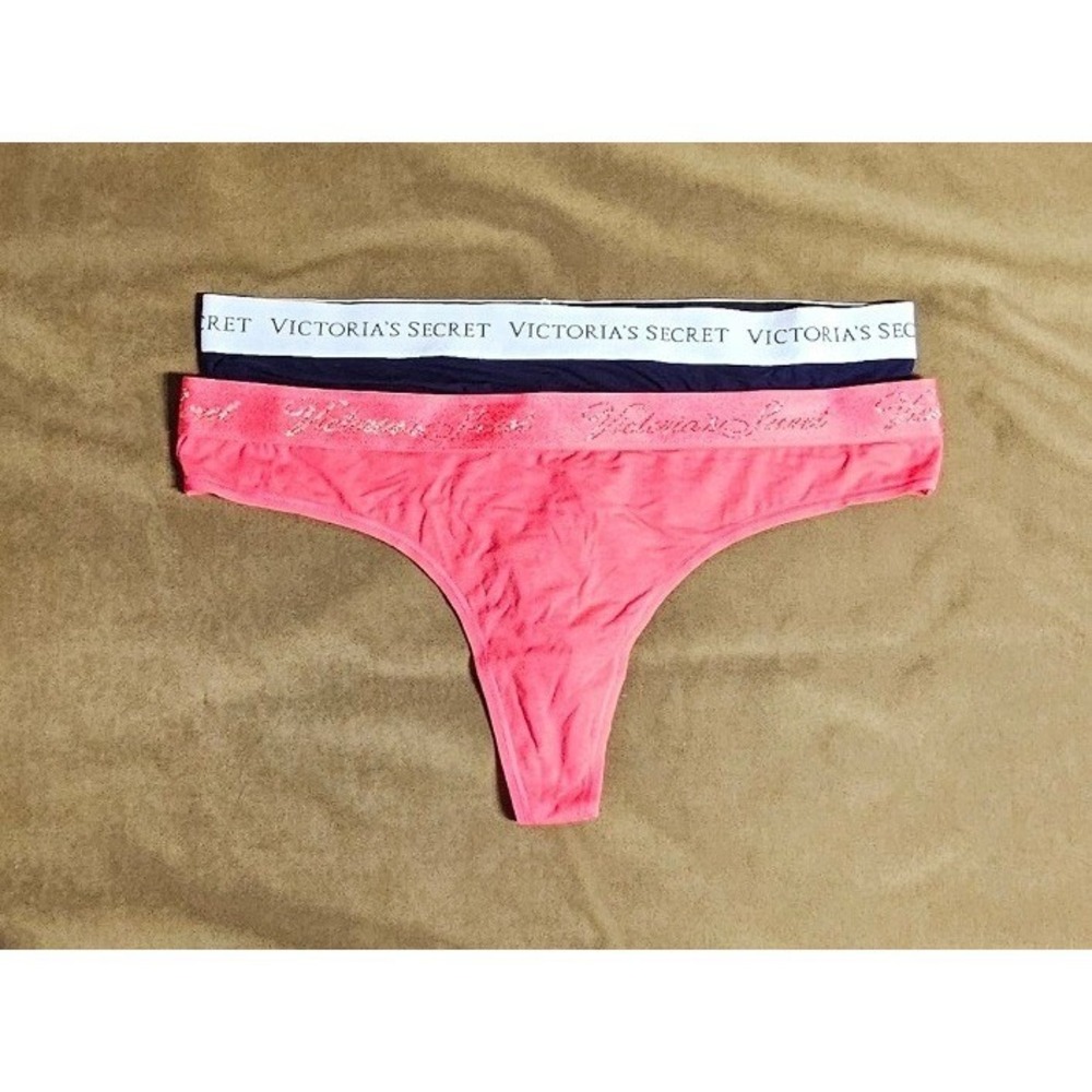 Victoria's Secret‎ Thong Panties 2 Pack Navy Blue Coral Pink Logo XL NWT